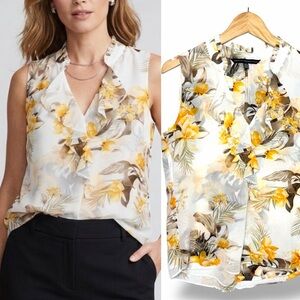 White House Black Market Sheer Yellow Cream Floral Sleeveless Blouse Tank Size S